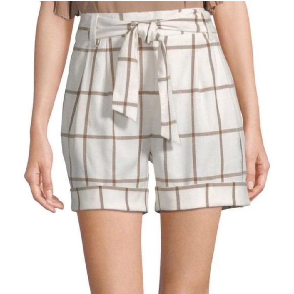 Worthington High Waist Cream Windy Plaid Side Pockets Rayon Blend Shorts